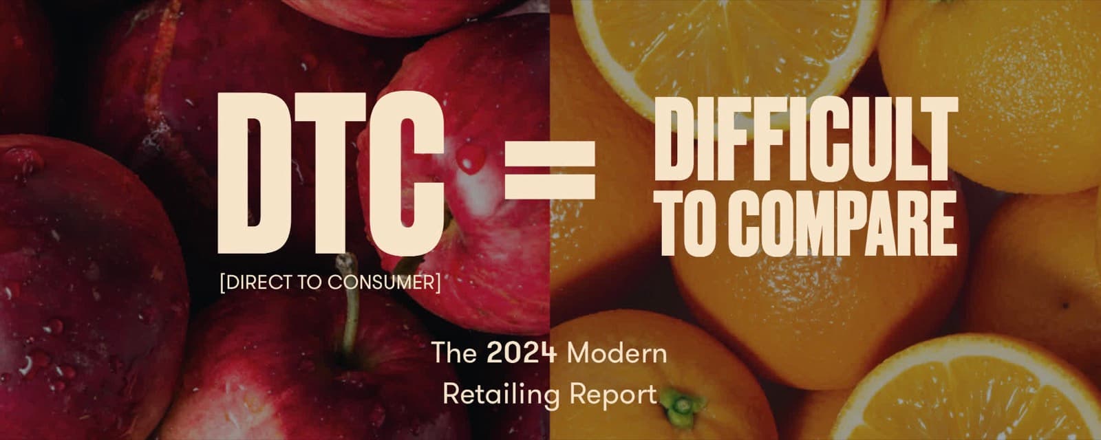 Grafika DTC (Direct To Consumer) = Difficult To Compare na pozadí jablek a pomerančů