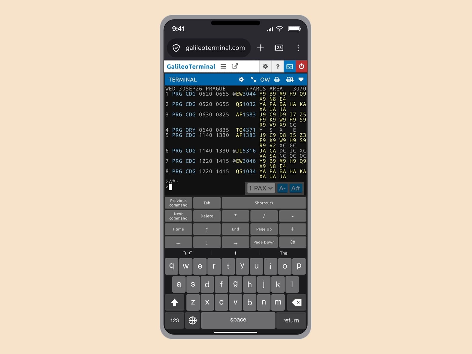 GalileoTerminal v mobilním prohlížeči s lištou funkčních kláves nad klávesnicí