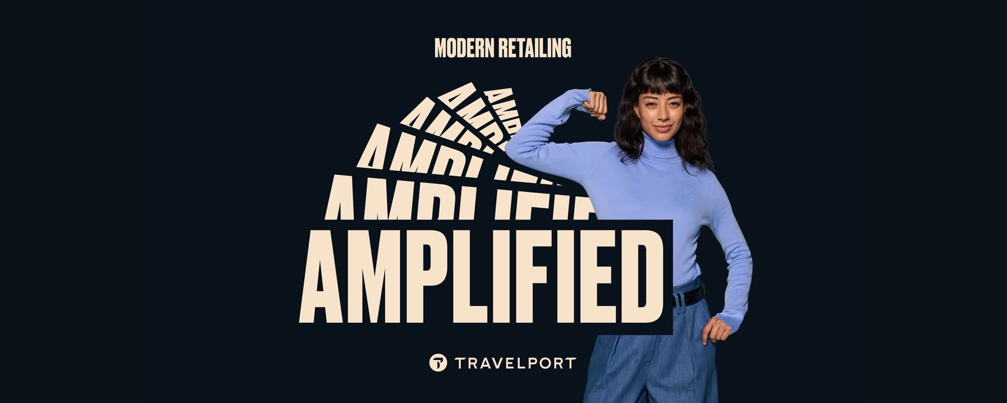 Grafika Modern Retailing, Amplified se ženou v posilujícím gestu a logem Travelport