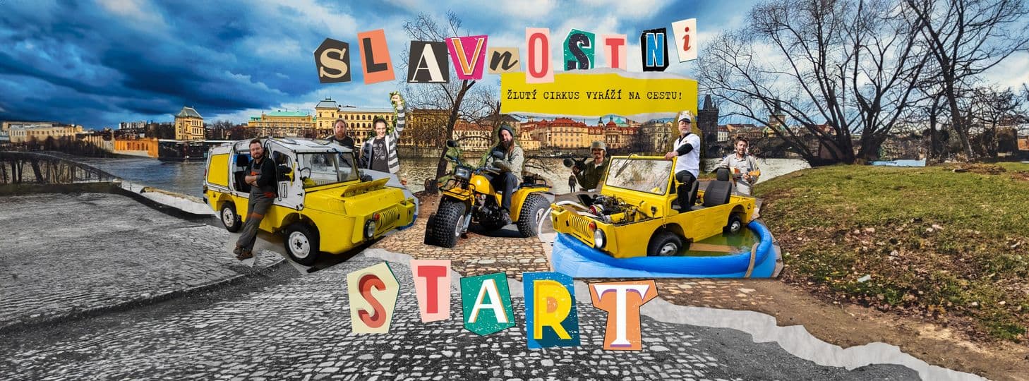 Kolorovaná koláž – žluté expediční vozy u Vltavy a nápis Slavnostní start