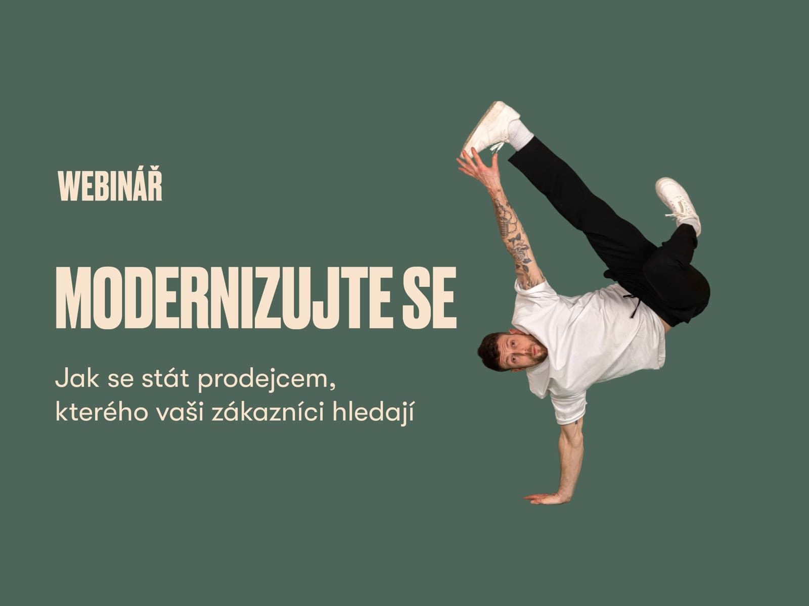 Grafika webináře Modernizujte se s tanečníkem breakdance na olivovém pozadí