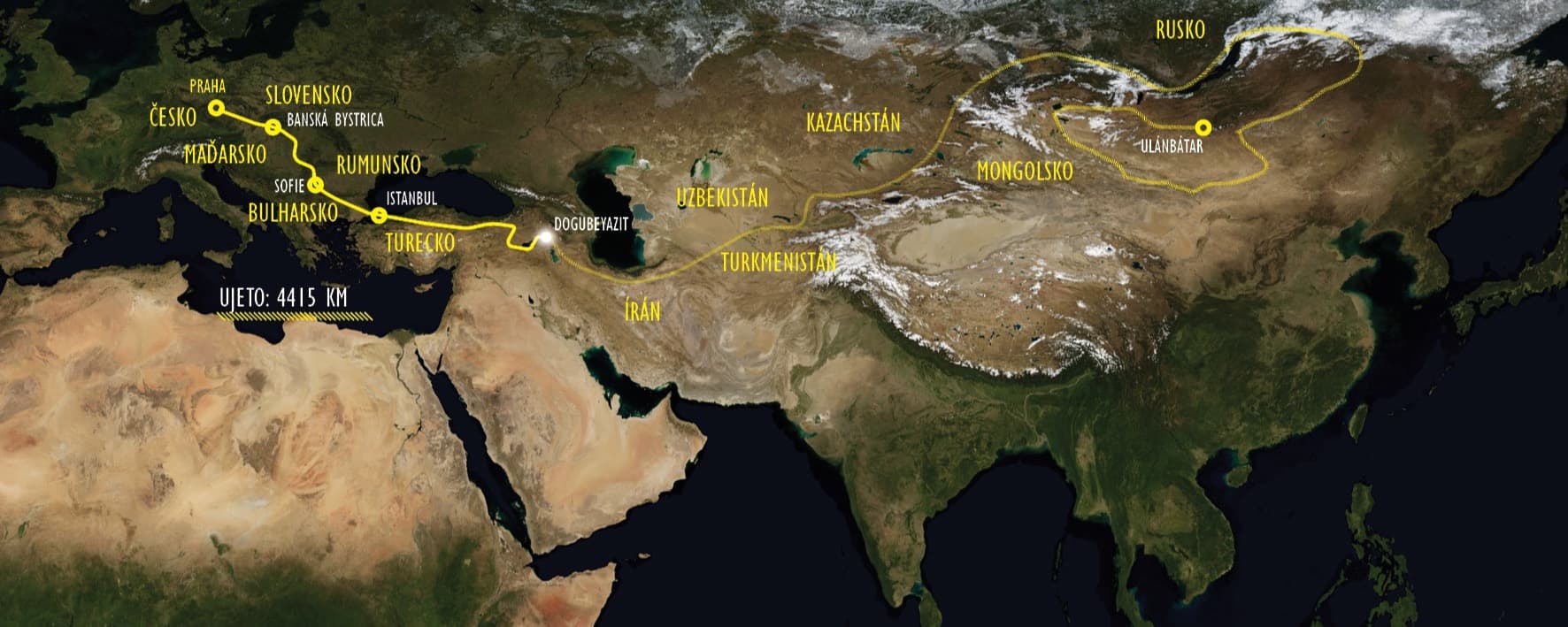 Mapa trasy expedice Žlutých žab z Prahy do Mongolska, ujeto 4415 km