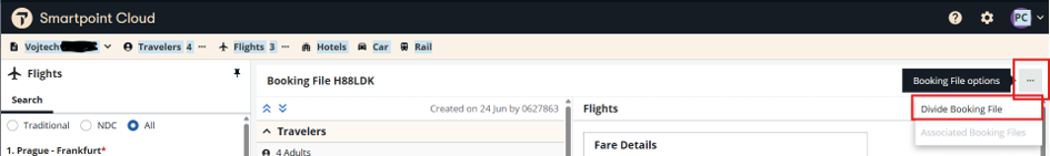Nabídka Booking File options s volbou Divide Booking File